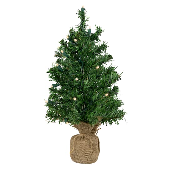 32279792 18 in. x 9.5 in. Pre-Lit Mixed Green Pine Artificial Christmas Tree in Burlap Base - Clear LED Lights